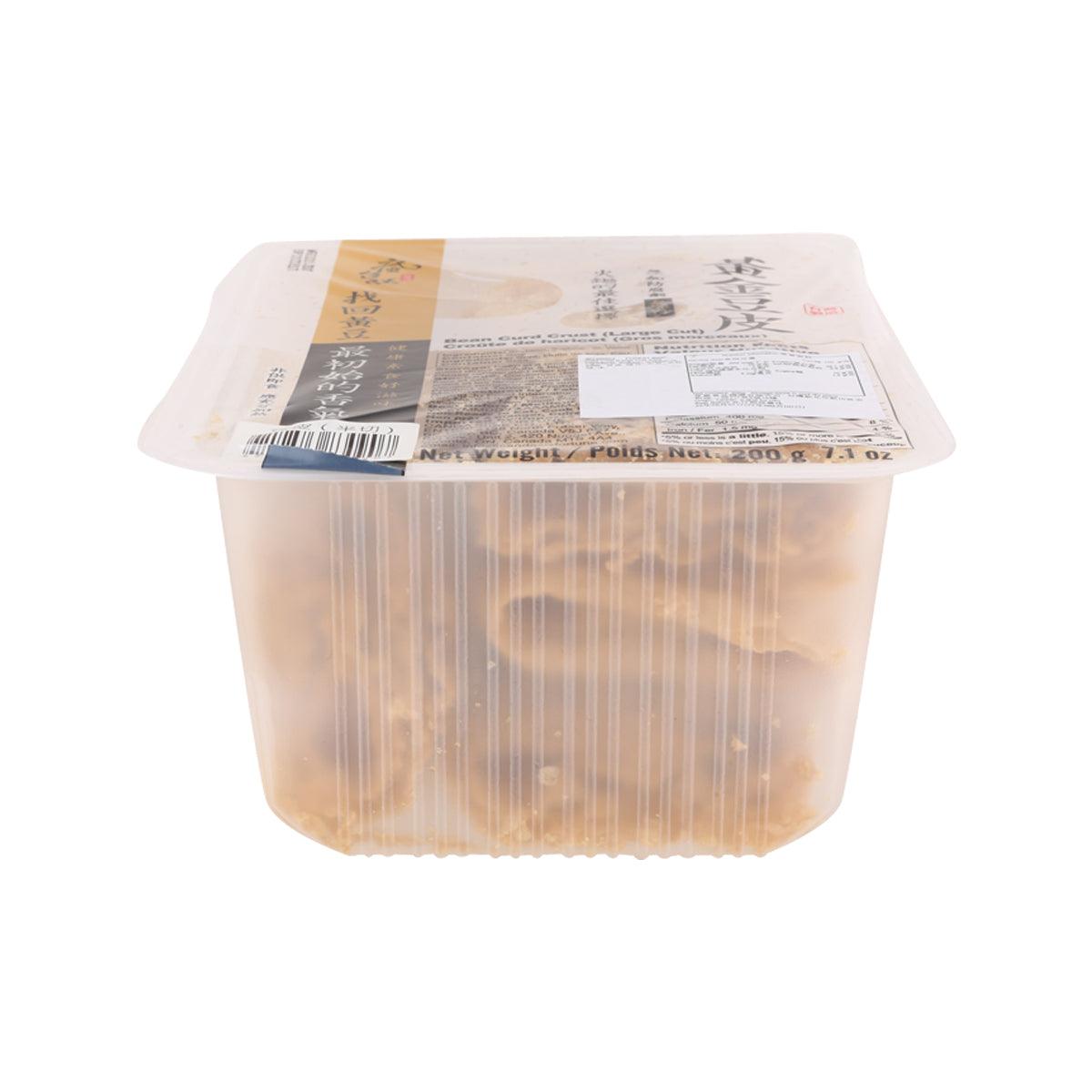 Bean curd crest in clear plastic tub with top label and barcode