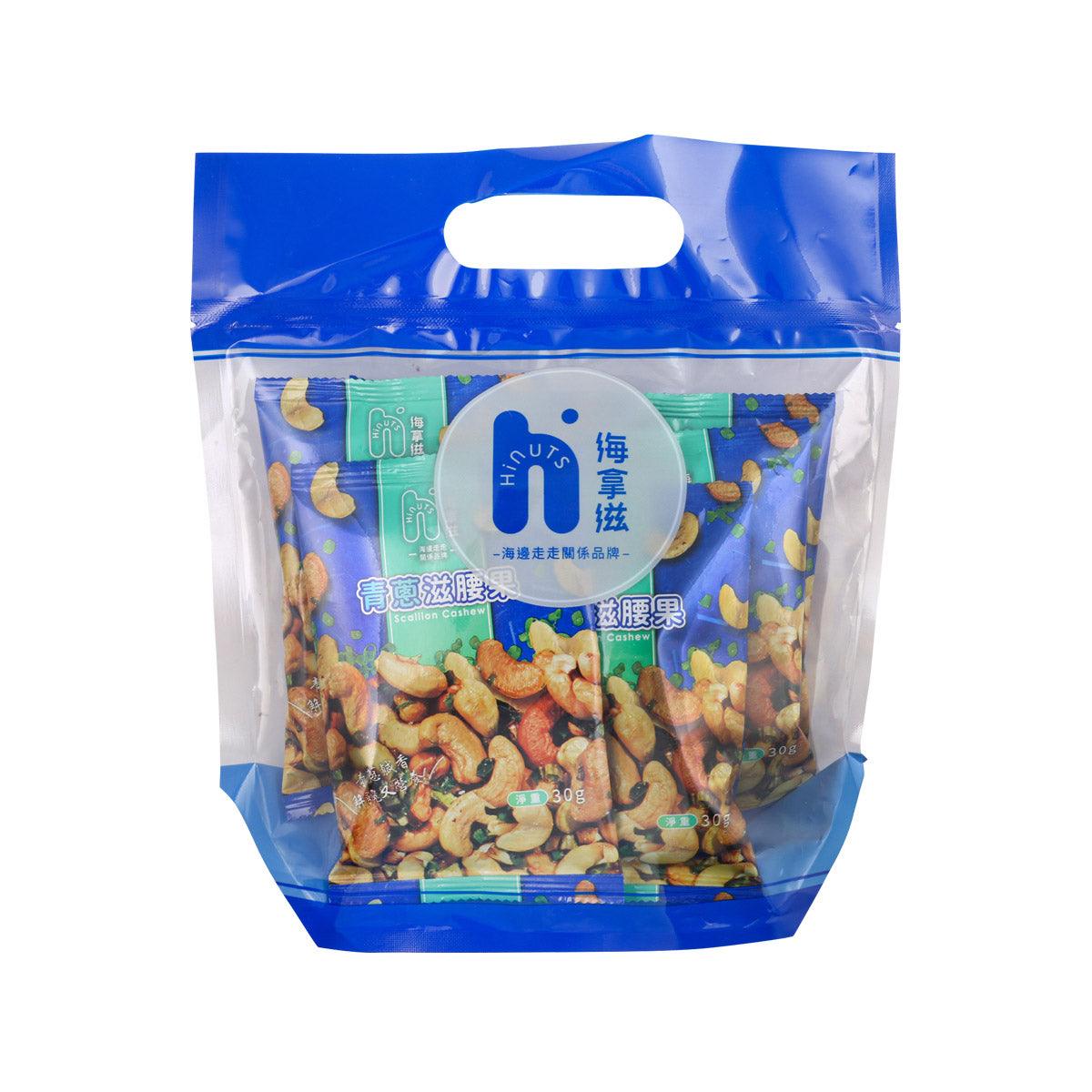 Scallion cashew snack bag with blue top seal and cashew kernels on front
