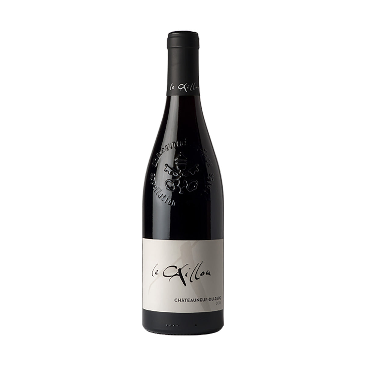 Wine bottle with dark glass, black cap, and white label