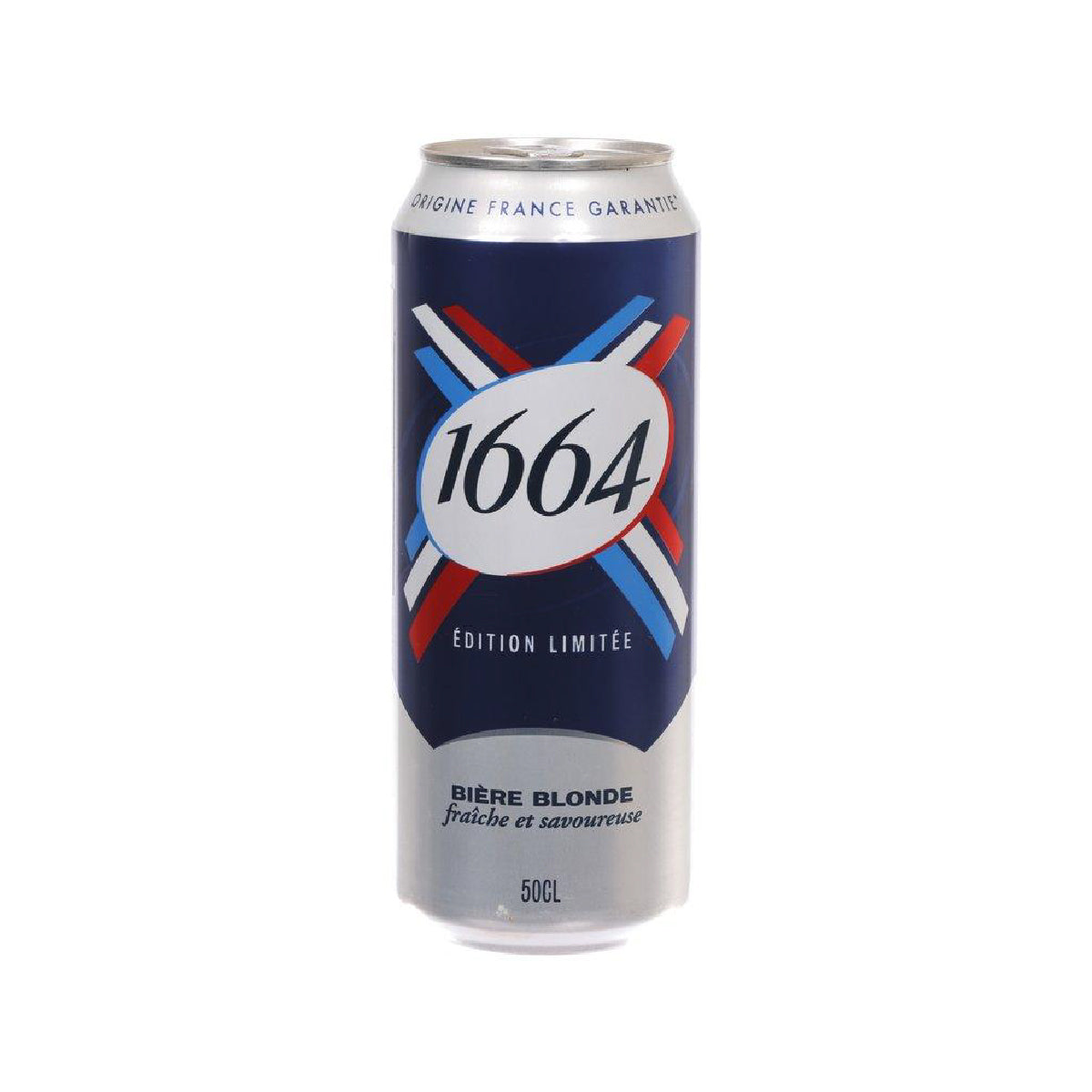 Blue beer can with KRONENBOURG 1664 logo, limited edition text, 500mL
