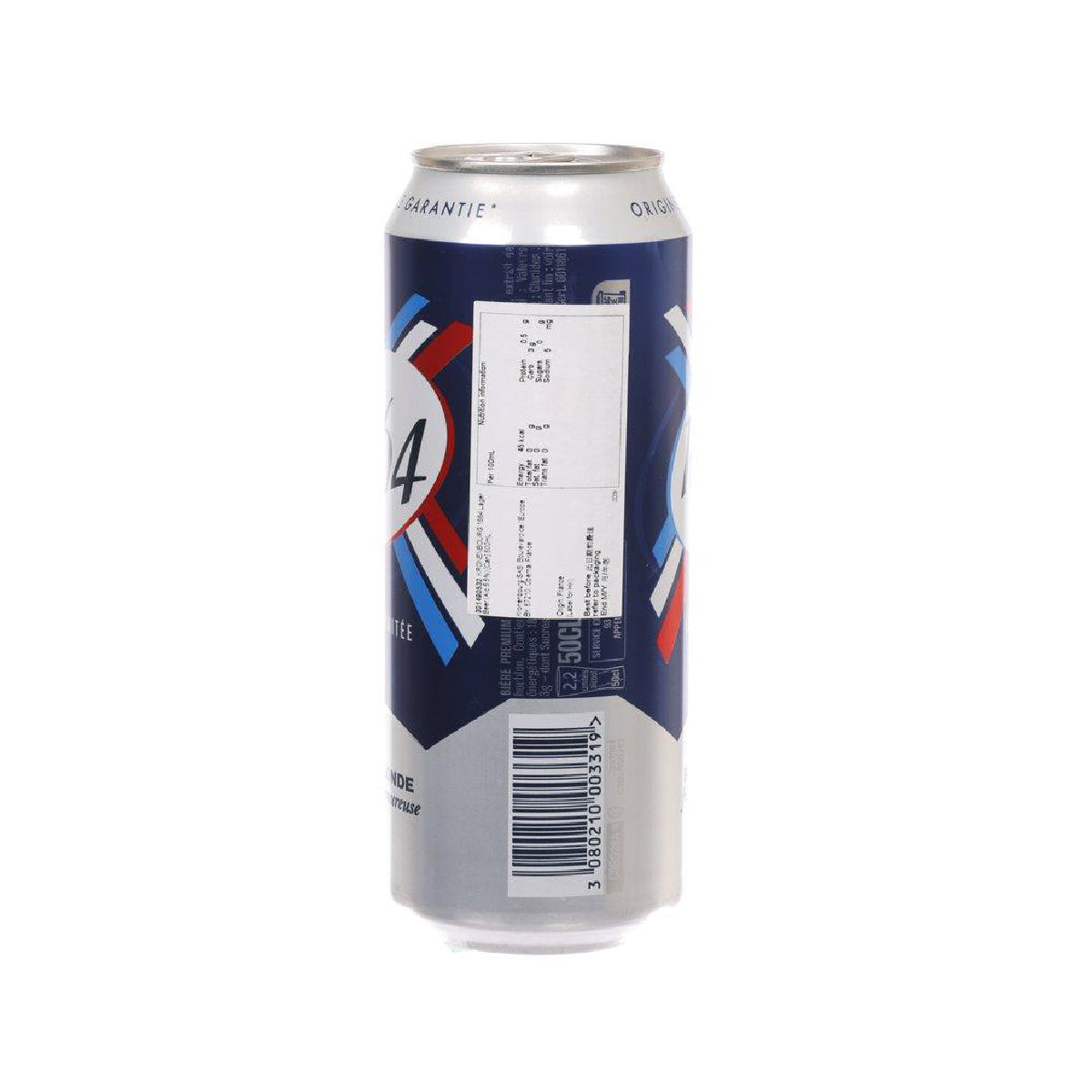 Blue-and-silver beer can back with printed label, barcode, 500mL