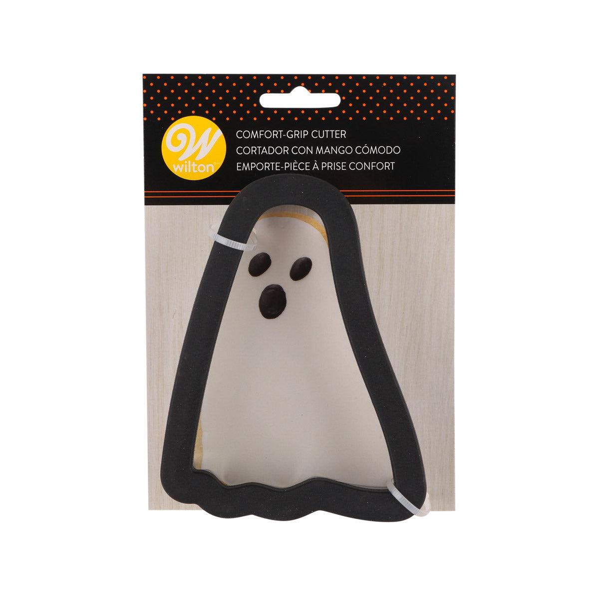 WILTON ghost-shaped cookie cutter with comfort-grip handle, on retail package