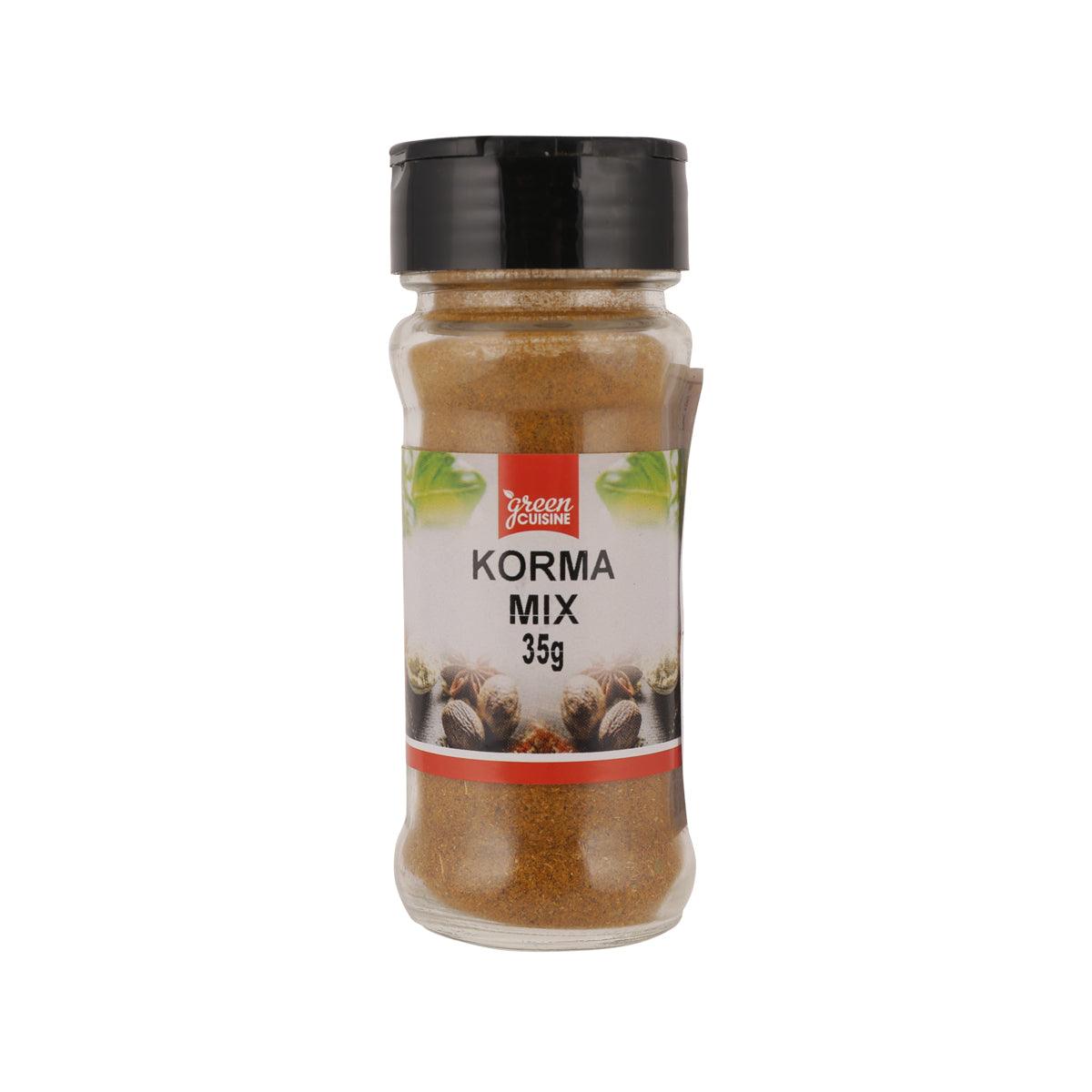 Korma Mix spice blend jar, 35g, with black cap and brown powder