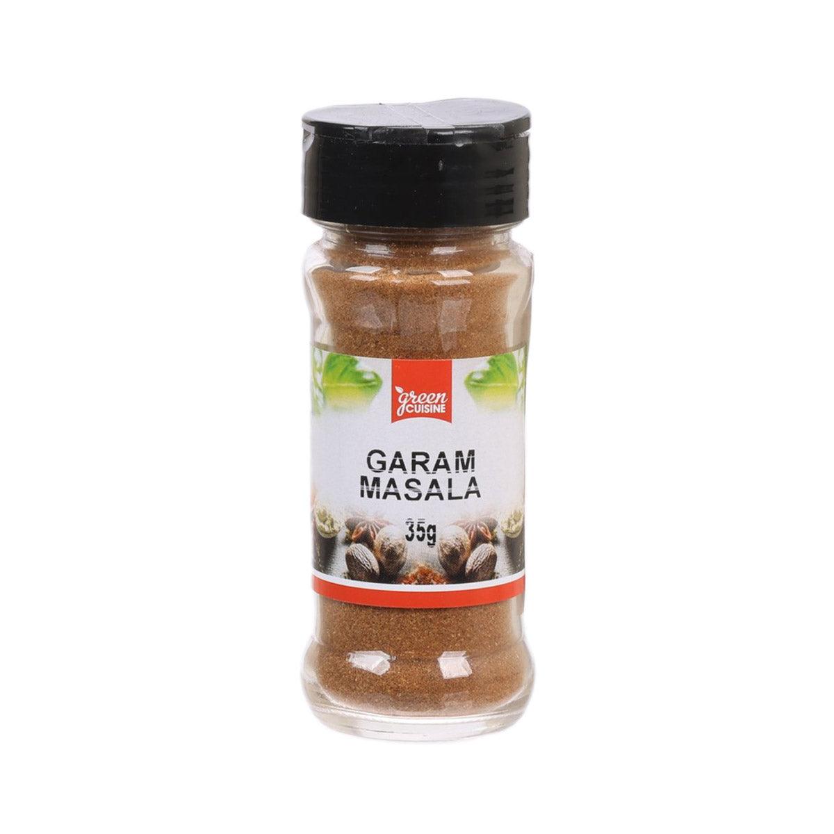 GREEN CUISINE garam masala spice jar, 35g, brown powder in clear bottle with black lid