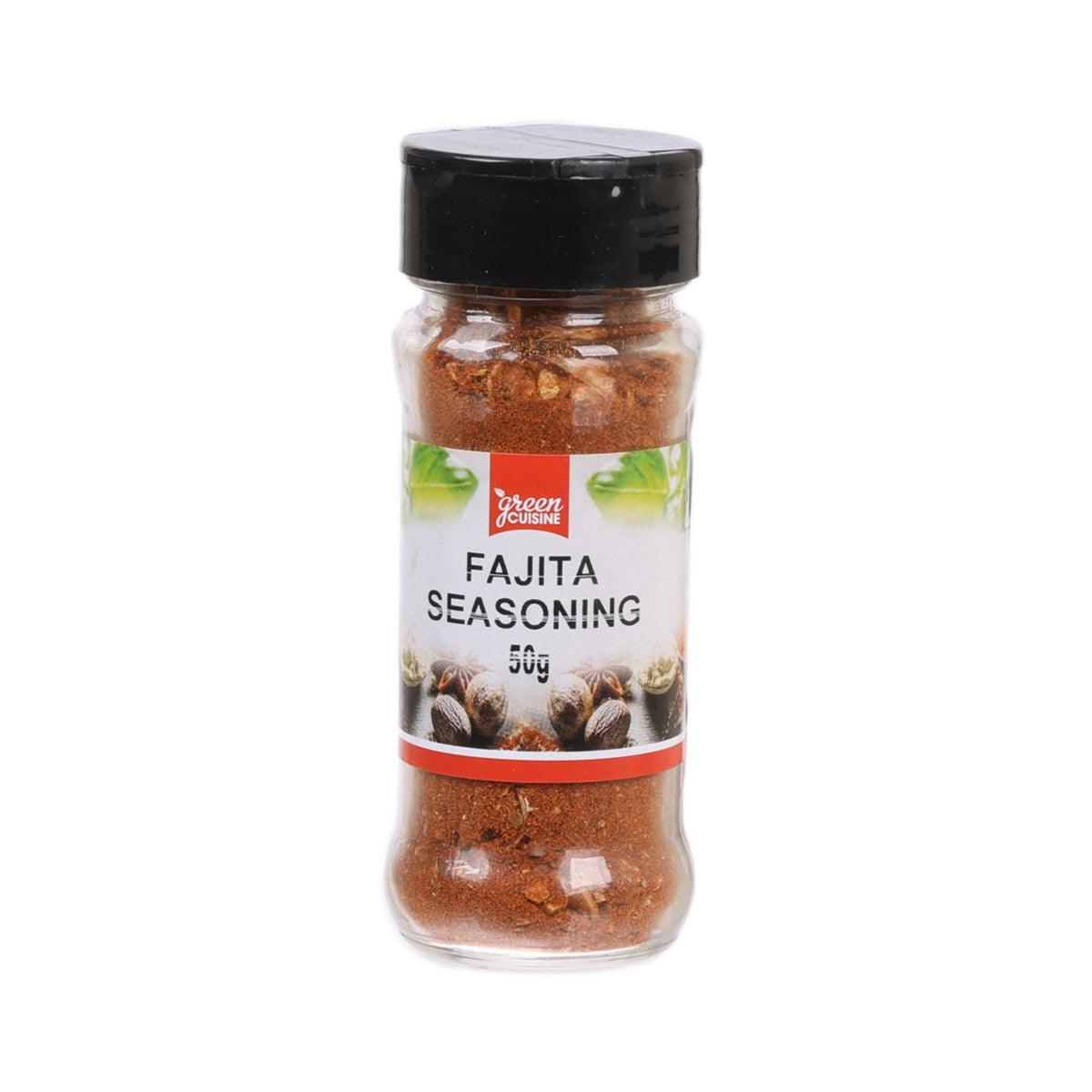 GREEN CUISINE fajita seasoning jar, 50g, clear shaker with black lid