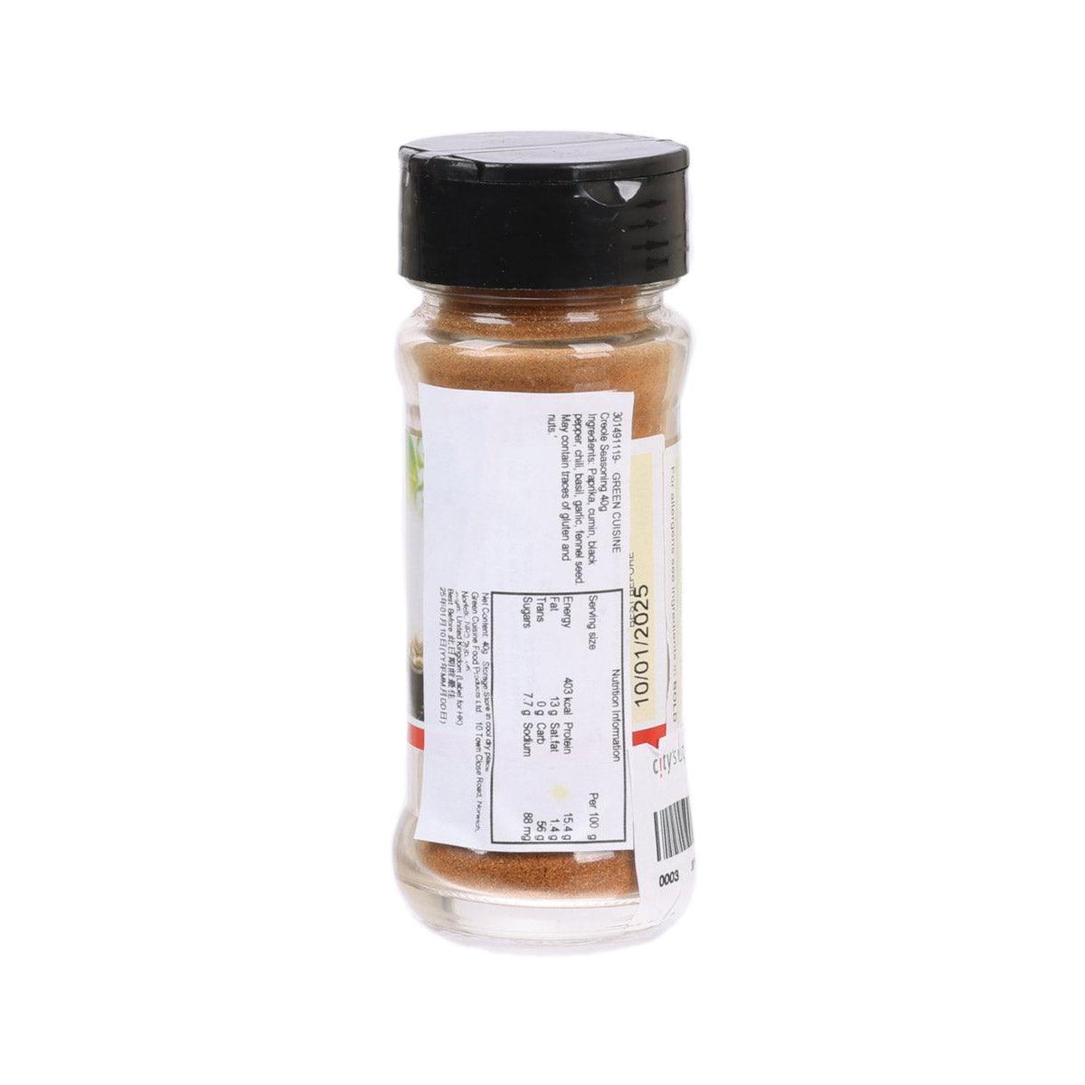 GREEN CUISINE Creole seasoning bottle, back label with nutrition text