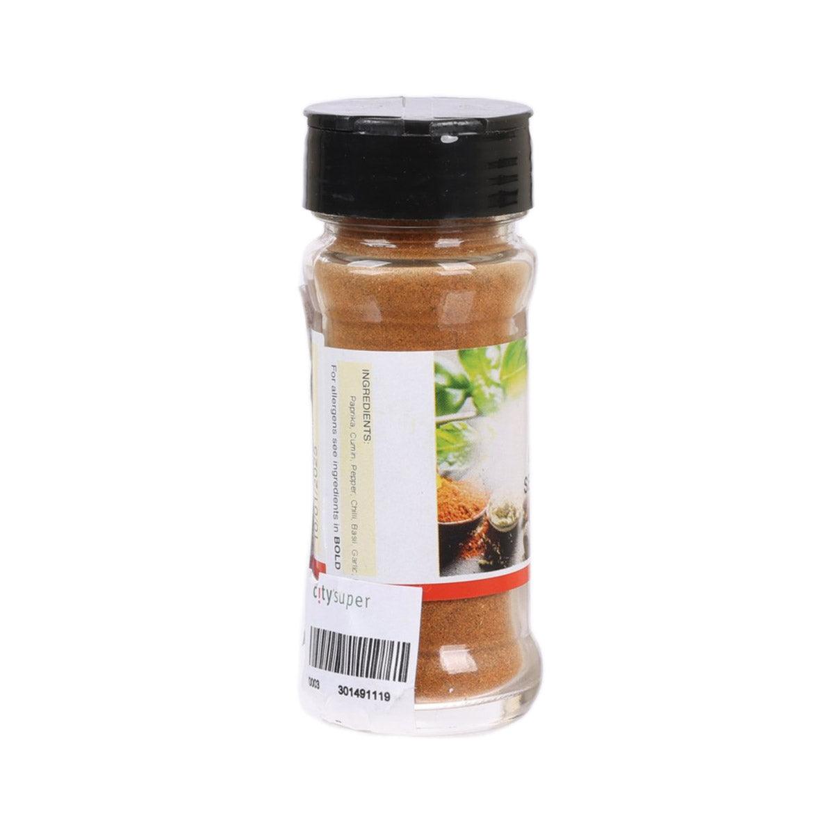 GREEN CUISINE Creole seasoning bottle, red band and partial side label