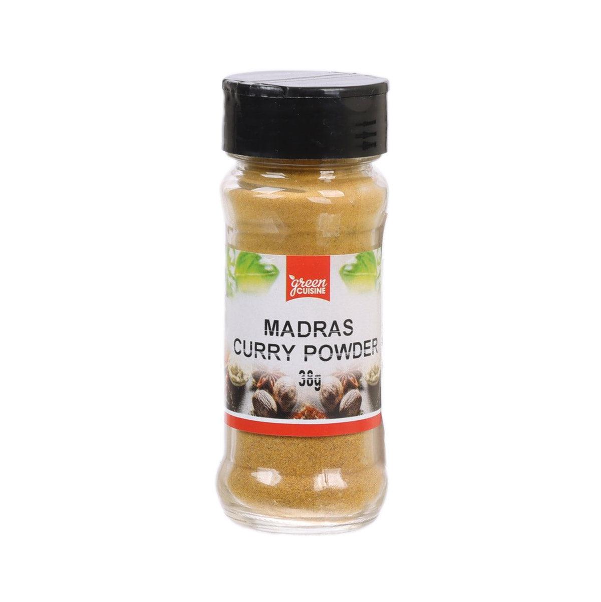 Green Cuisine Madras curry powder bottle with black cap, golden-brown powder; front label