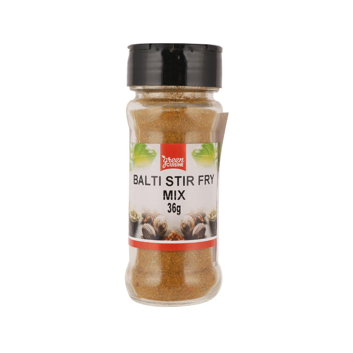 GREEN CUISINE Balti Stir Fry Mix jar with 36g label and spice blend contents
