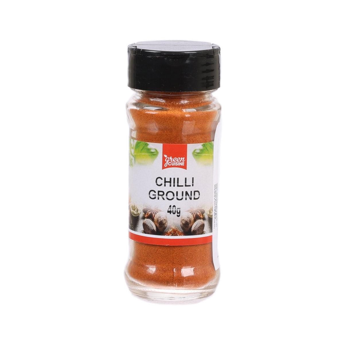 Green Cuisine chili ground spice bottle, 40g, black cap, orange powder label front