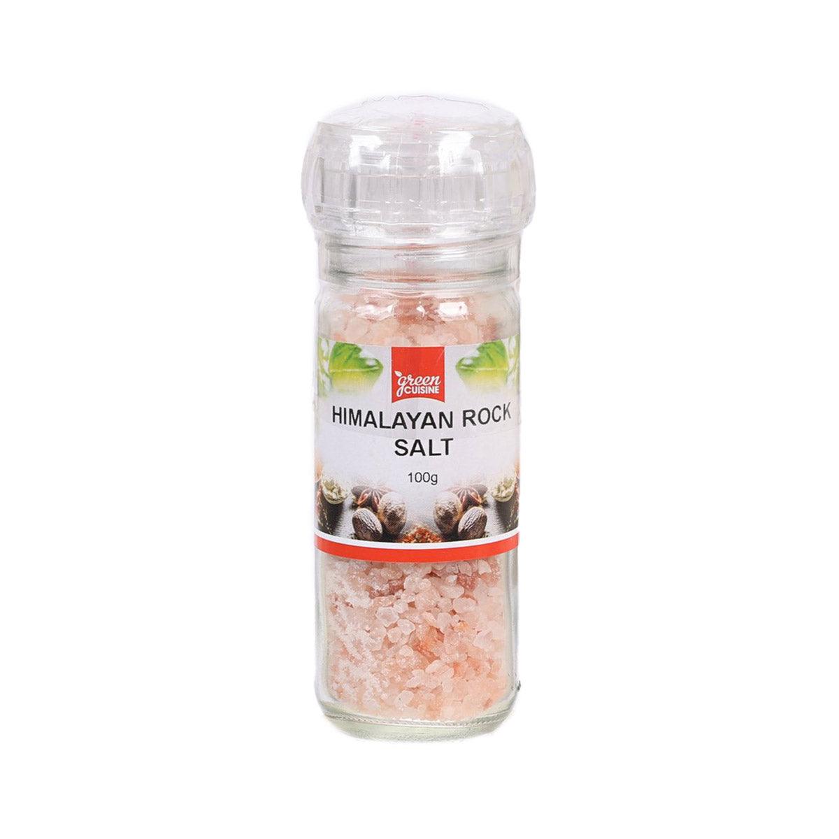 Himalayan rock salt grinder in clear plastic jar with pink salt and cap