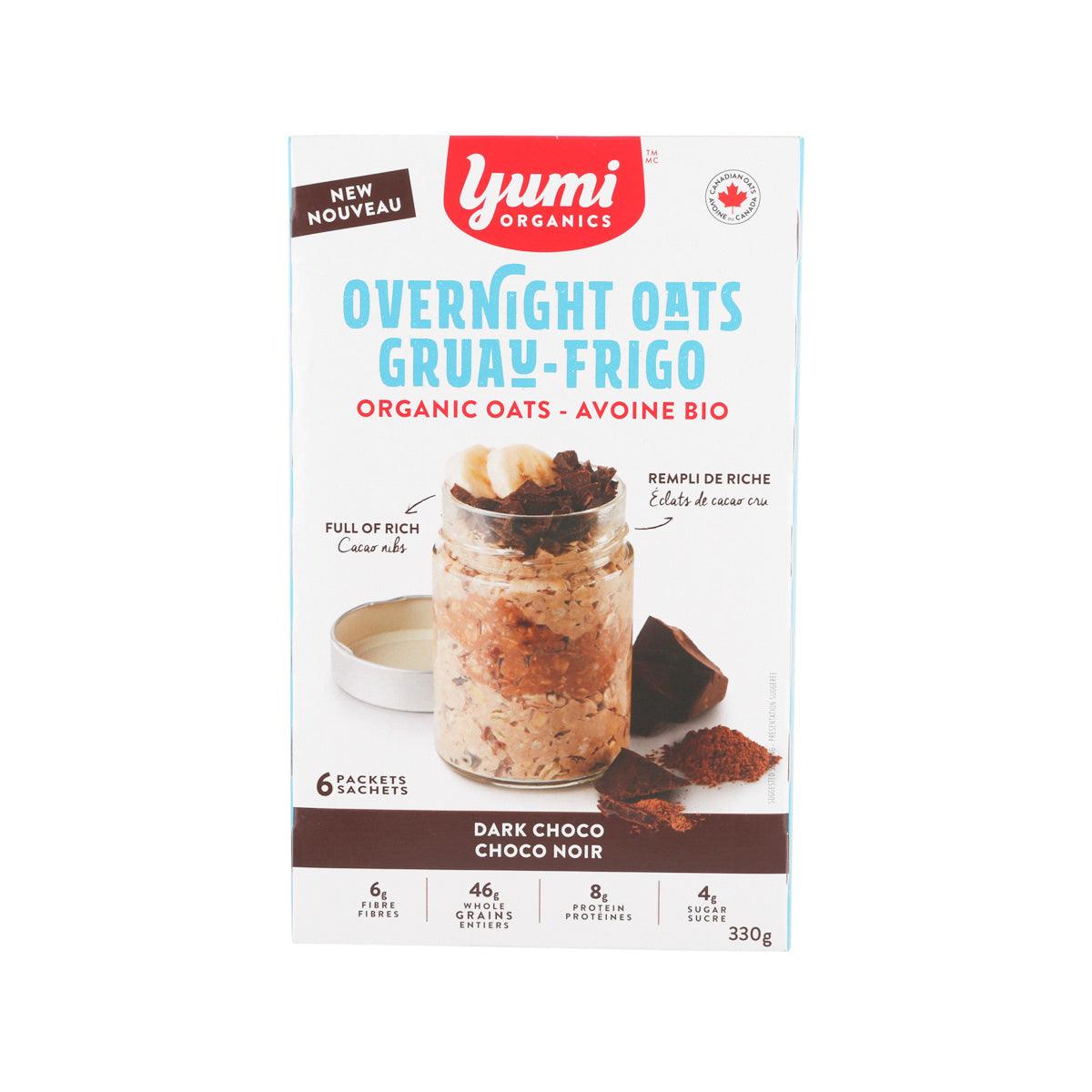 Yumi Organic overnight oats sachet box, dark choco banana flavor, 6 packets