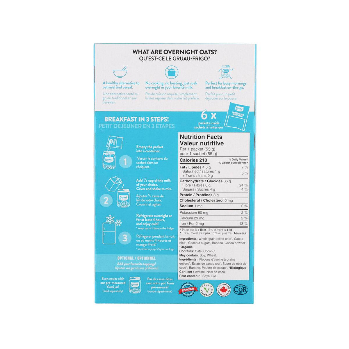 Yumi Organic overnight oats box back with 3-step directions and nutrition info