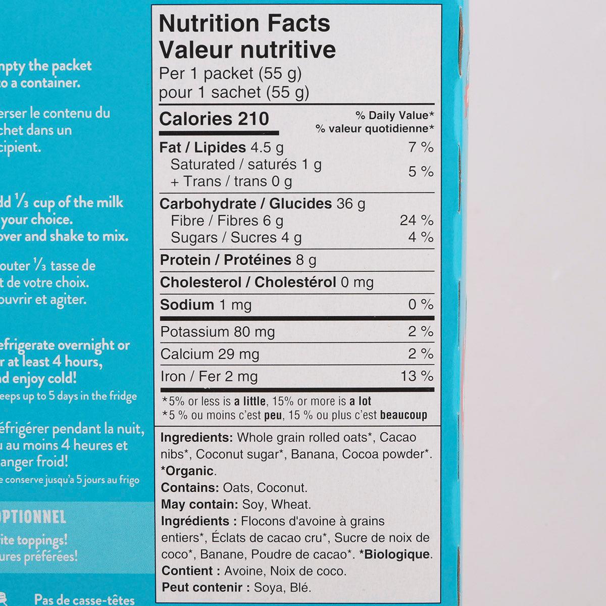 Nutrition Facts panel for Yumi Organic overnight oats, per 1 sachet (55 g)