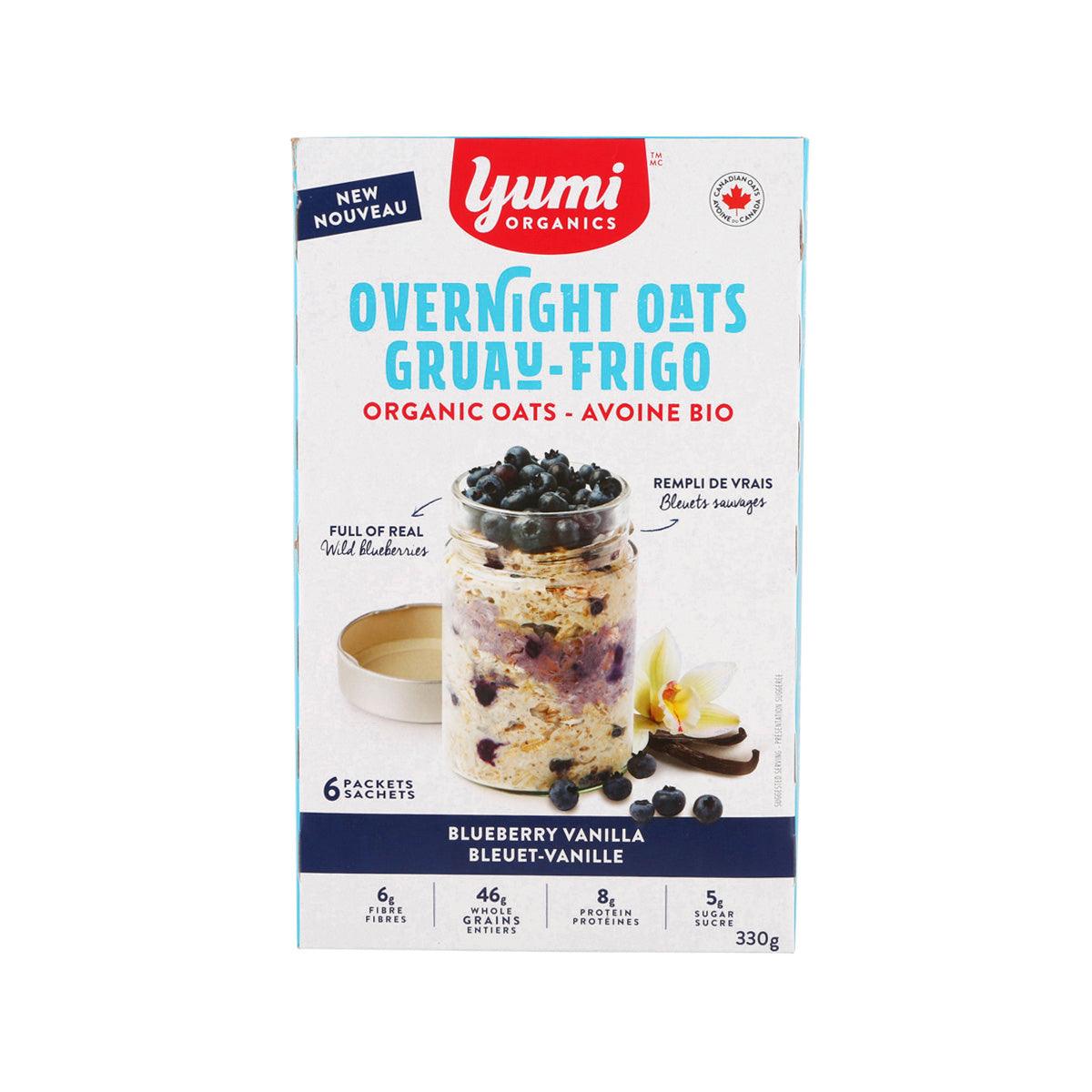 Yumi Organics overnight oats box, blueberry vanilla flavor, 6 sachets, 250g