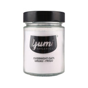 YUMI ORGANICS glass jar with black lid, label shows overnight oats