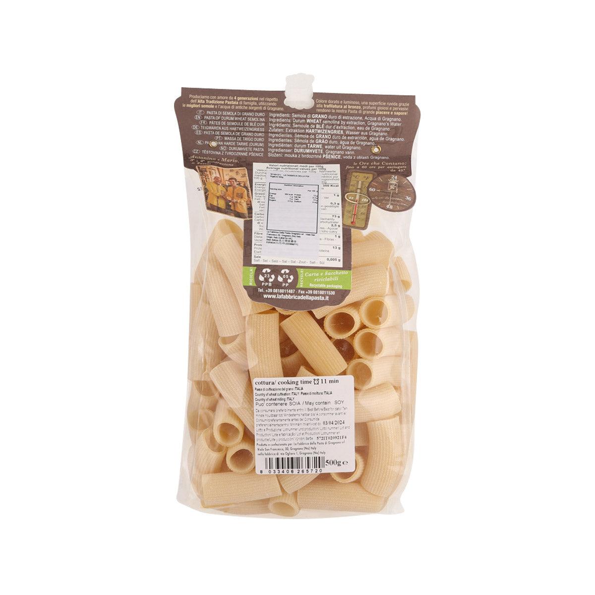 Rigatoni pasta in bag, back label with nutritional panel and barcode