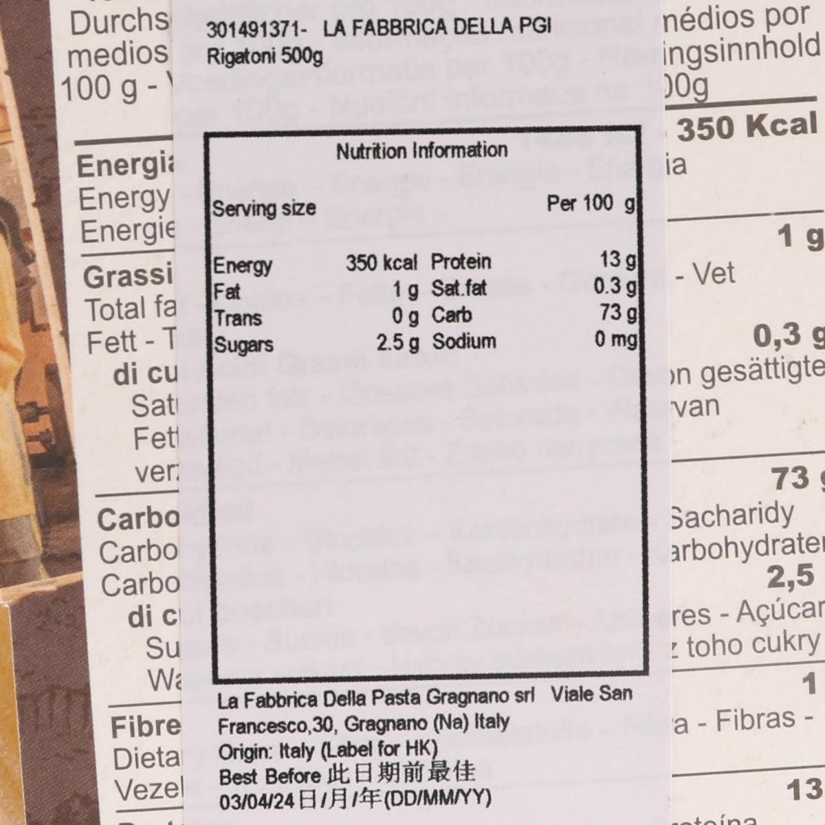 Rigatoni pasta nutrition information label on packaging