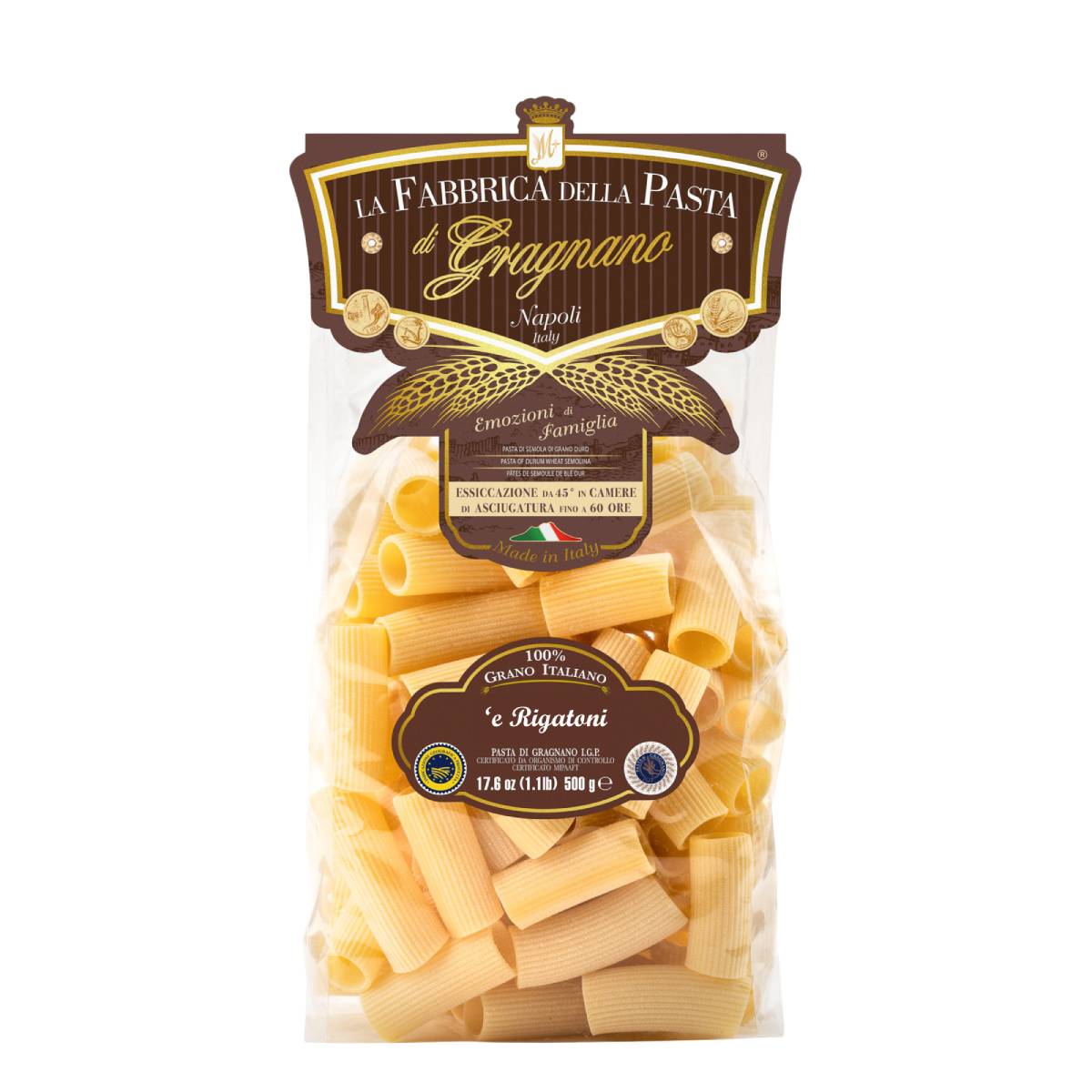Rigatoni pasta in clear bag, showing yellow ridged tube pasta