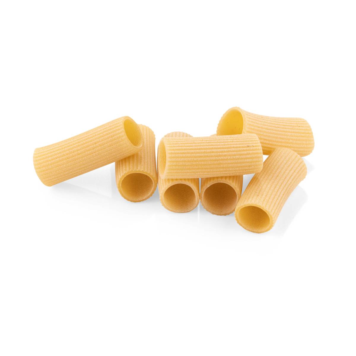 Rigatoni pasta tubes, ridged yellow pasta pieces