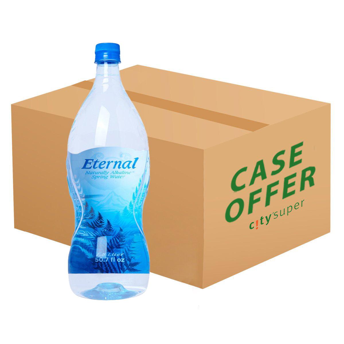 Naturally alkaline spring water case with one 1.5L bottle and cardboard carton