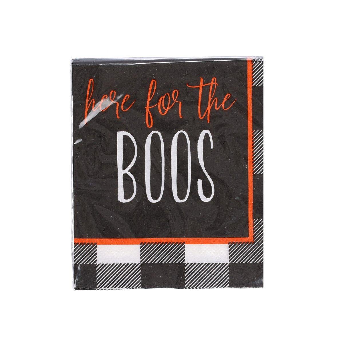 Halloween beverage napkin, black plaid with orange and white “Here for the Boos” text