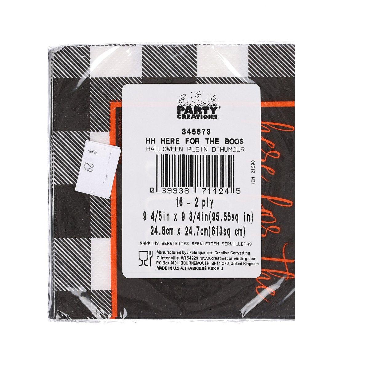 Packaged Halloween beverage napkins with Party Creations label, barcode, and printed details