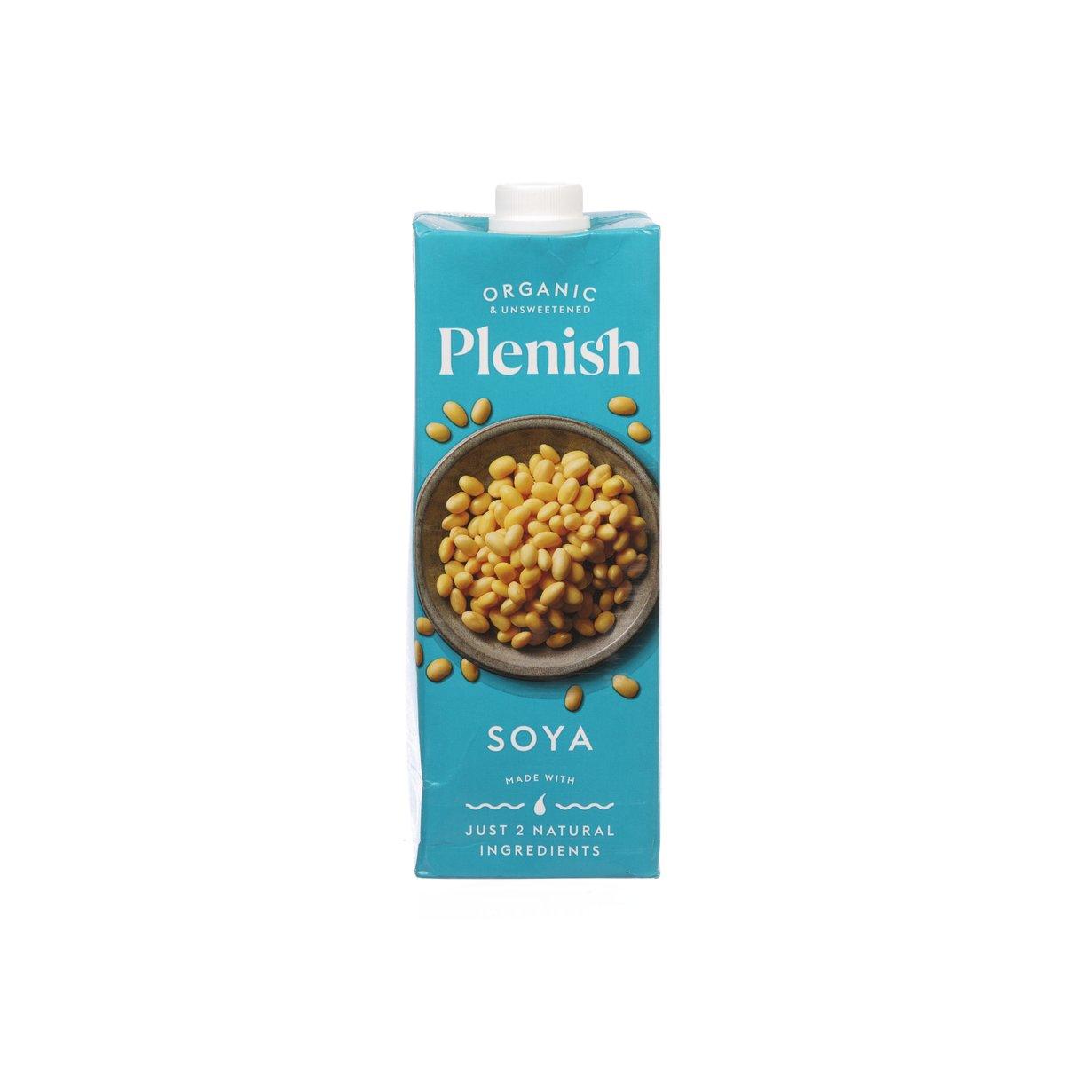 Plenish organic soya milk drink carton, front label with soybeans and no added sugar