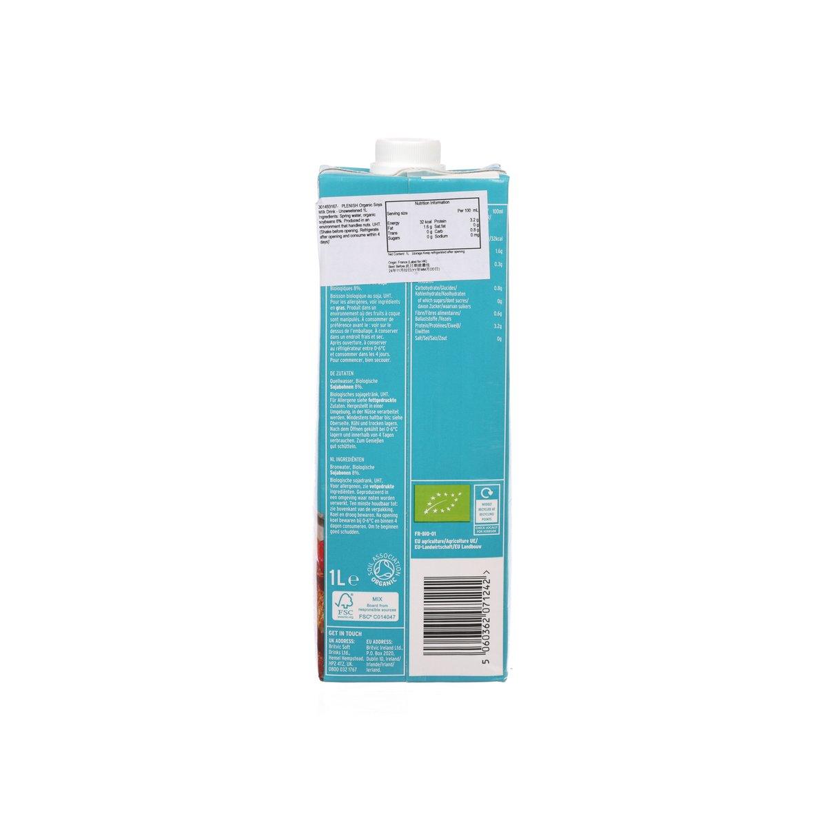 Plenish organic soya milk drink carton, side with barcode and ingredient panel