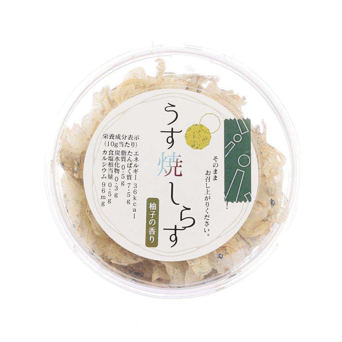 Shirasu chips jar lid with yuzu flavor label and beige crisp chips, 10 g