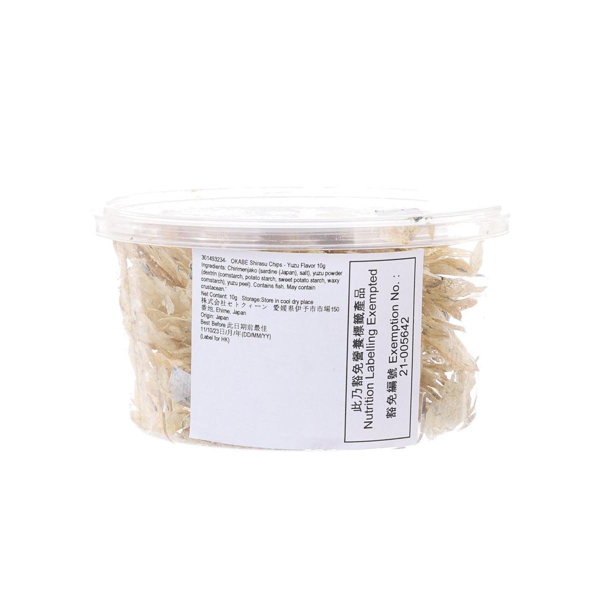 Shirasu chips container with nutrition label and beige crisp chips, 10 g