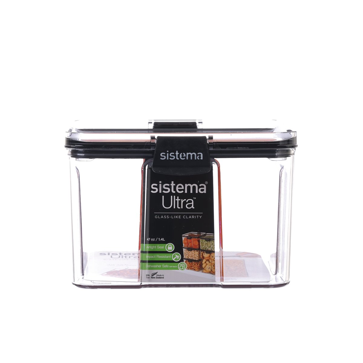 SISTEMA Tritan ultra square food container with black lid, 1.4L, clear walls