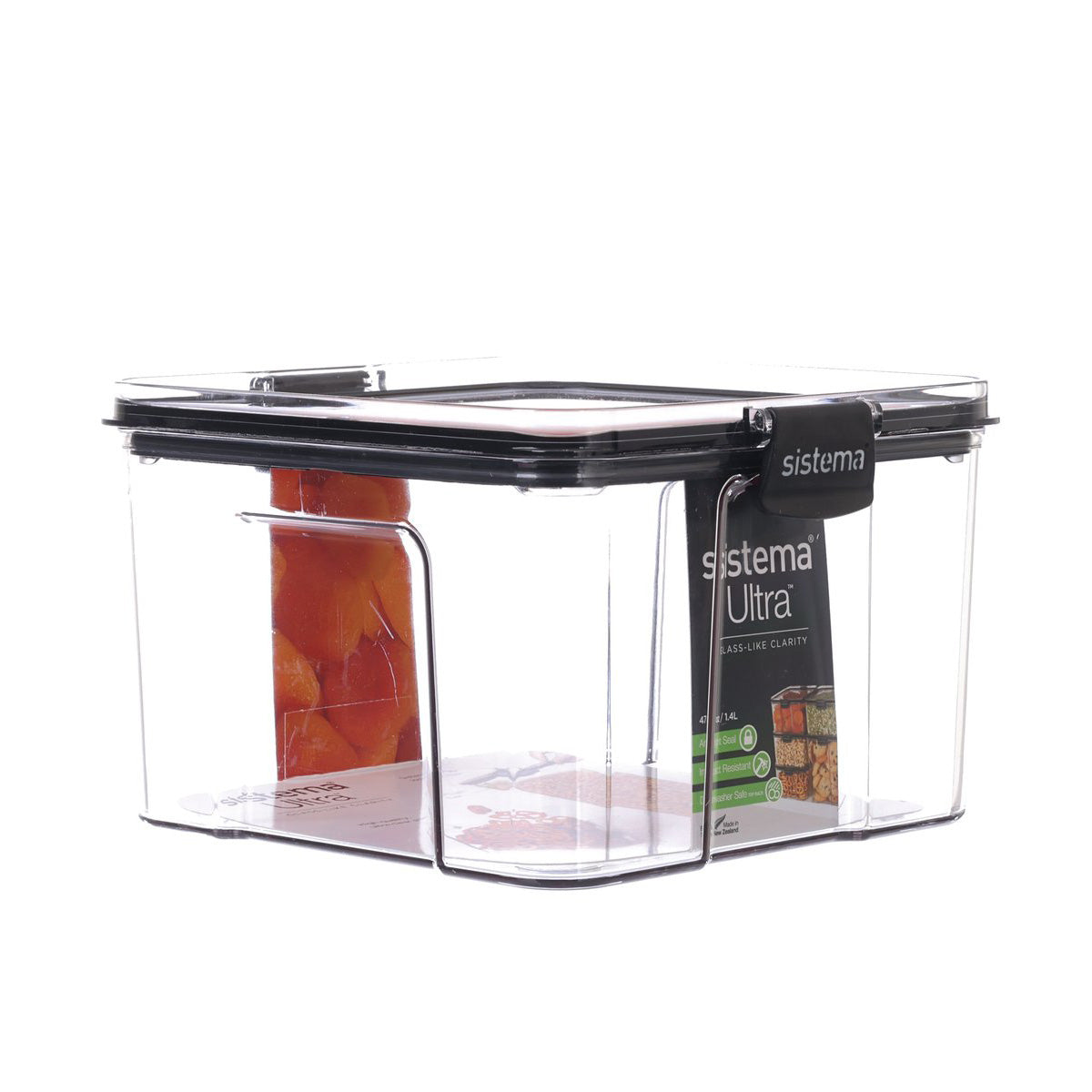Square clear Tritan food container with black lid and side latches, 1.4L