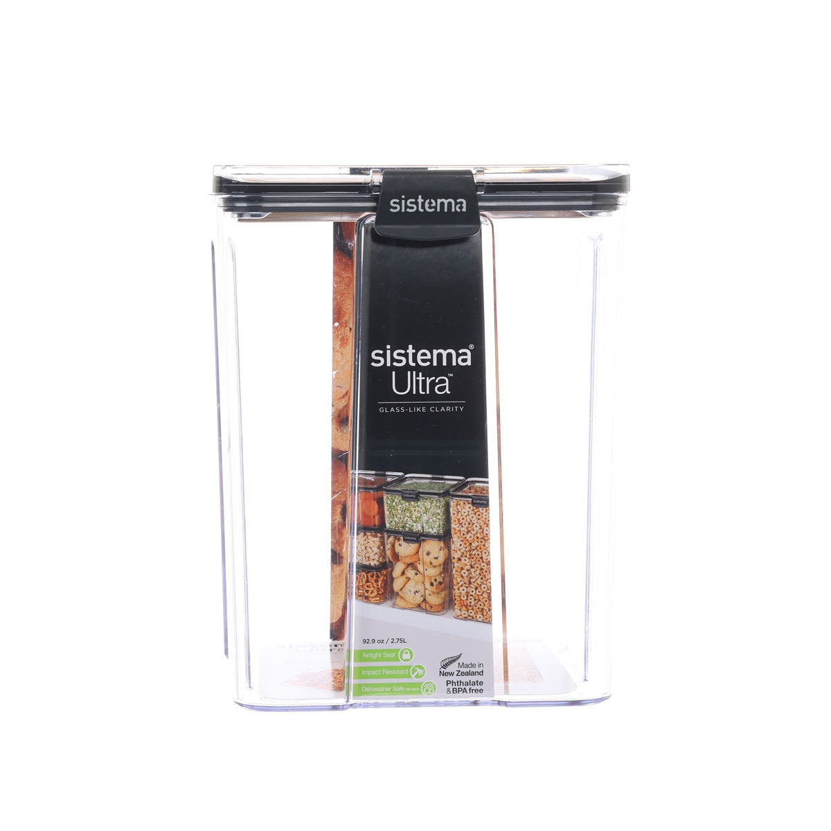 SISTEMA clear tritan square container, 2.75L, with black airtight lid