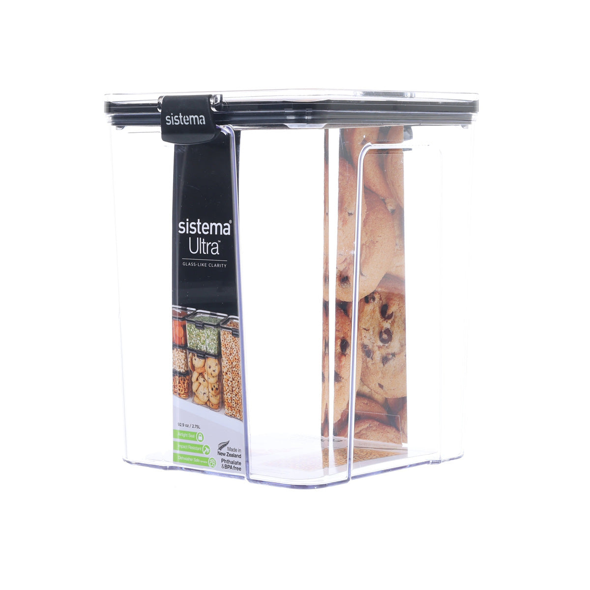 SISTEMA clear tritan square container, 2.75L, transparent sides with black lid