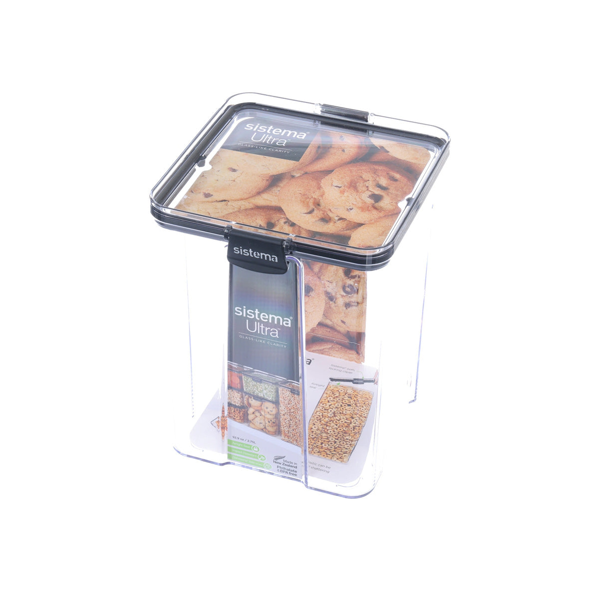 SISTEMA Ultra square tritan container, 2.75L, clear body with hinged black lid