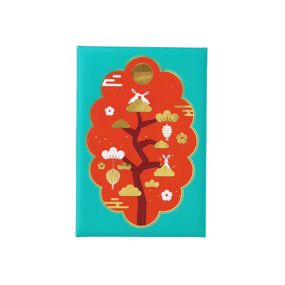 Teal 6-piece mini egg custard mooncake gift box with red-orange tree illustration