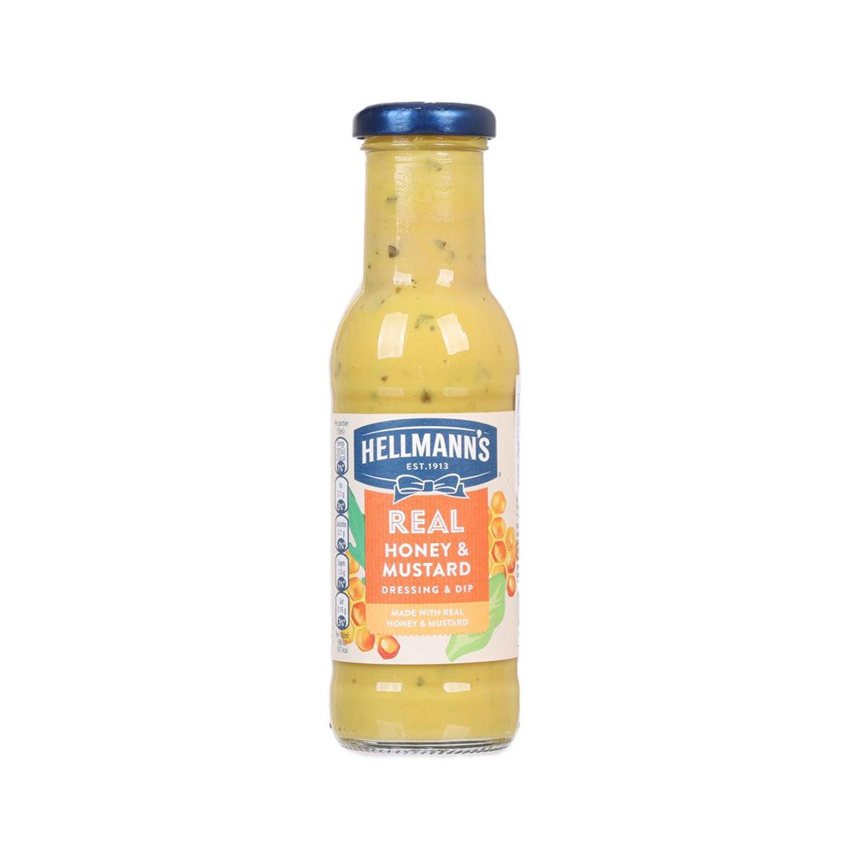 HELLMANN'S honey mustard salad dressing bottle with blue cap, front label, 250ml