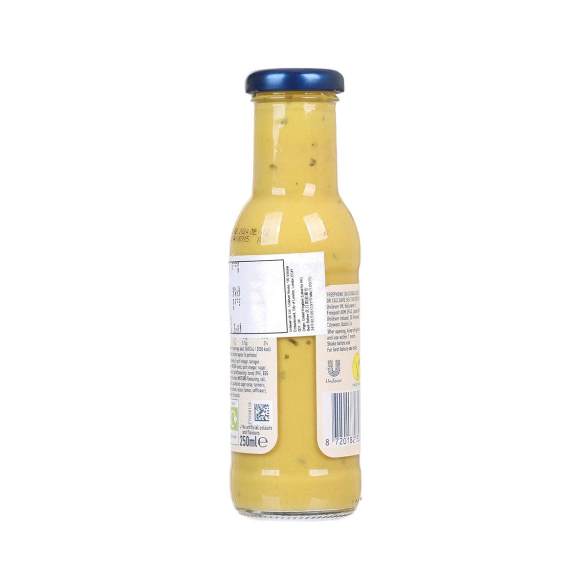 HELLMANN'S honey mustard salad dressing bottle, blue cap, nutrition facts panel
