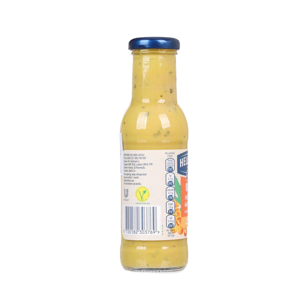 HELLMANN'S honey mustard salad dressing bottle, blue cap, barcode and nutrition panel
