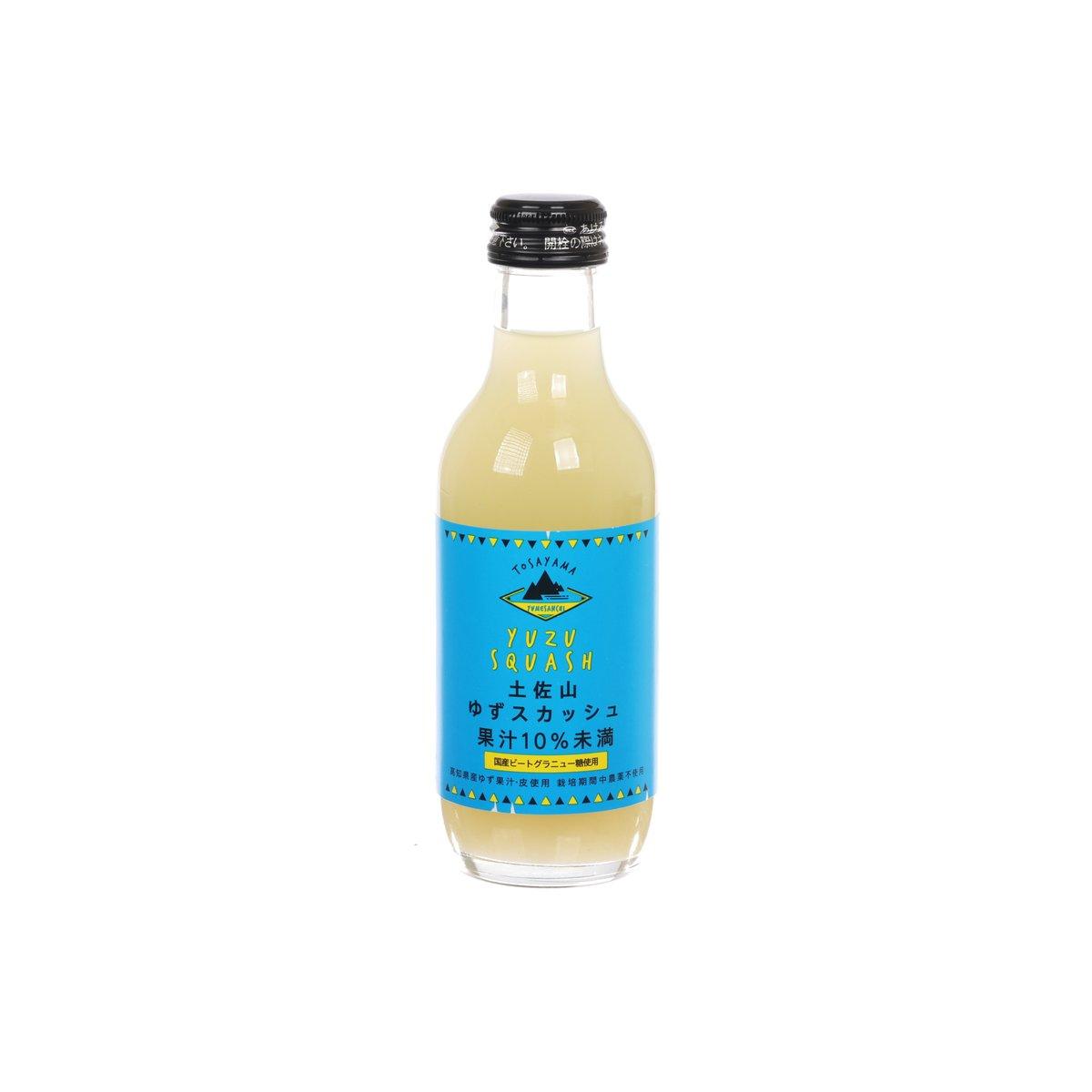TOSAYAMA yuzu squash carbonated drink, 200 mL bottle with black cap and yellow liquid