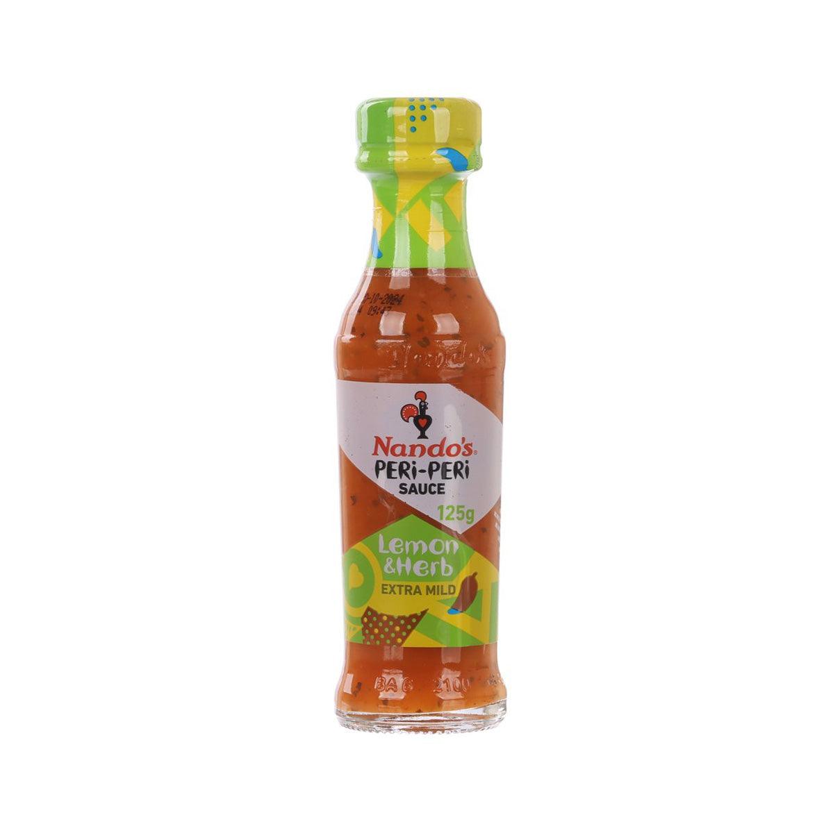 NANDO'S Extra Mild Lemon & Herbs Peri-Peri sauce bottle, front label, 125g