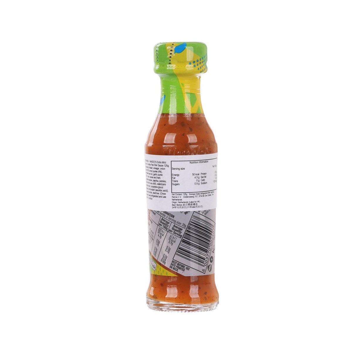 NANDO'S Extra Mild Lemon & Herbs Peri-Peri sauce bottle, back label, 125g