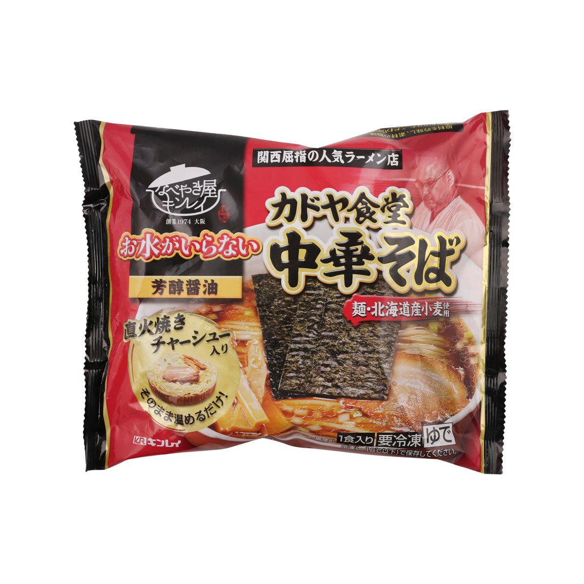 Instant ramen noodle packet with soy sauce flavor, black and red package design.