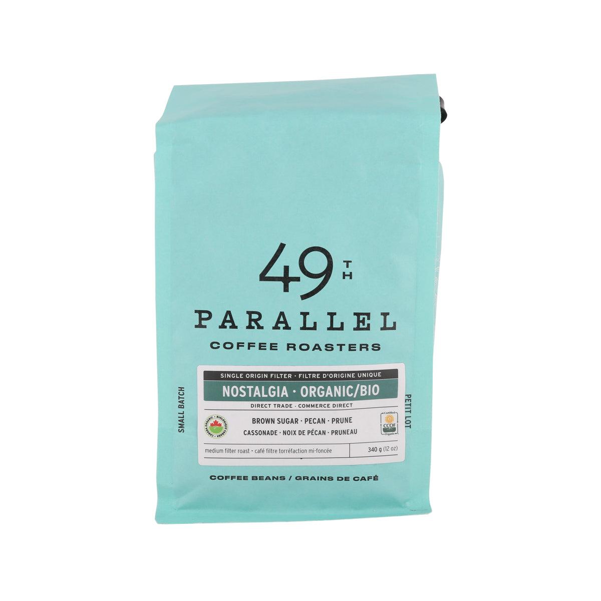 49TH PARALLEL Nostalgia organic coffee beans bag, 340g, teal package with front label