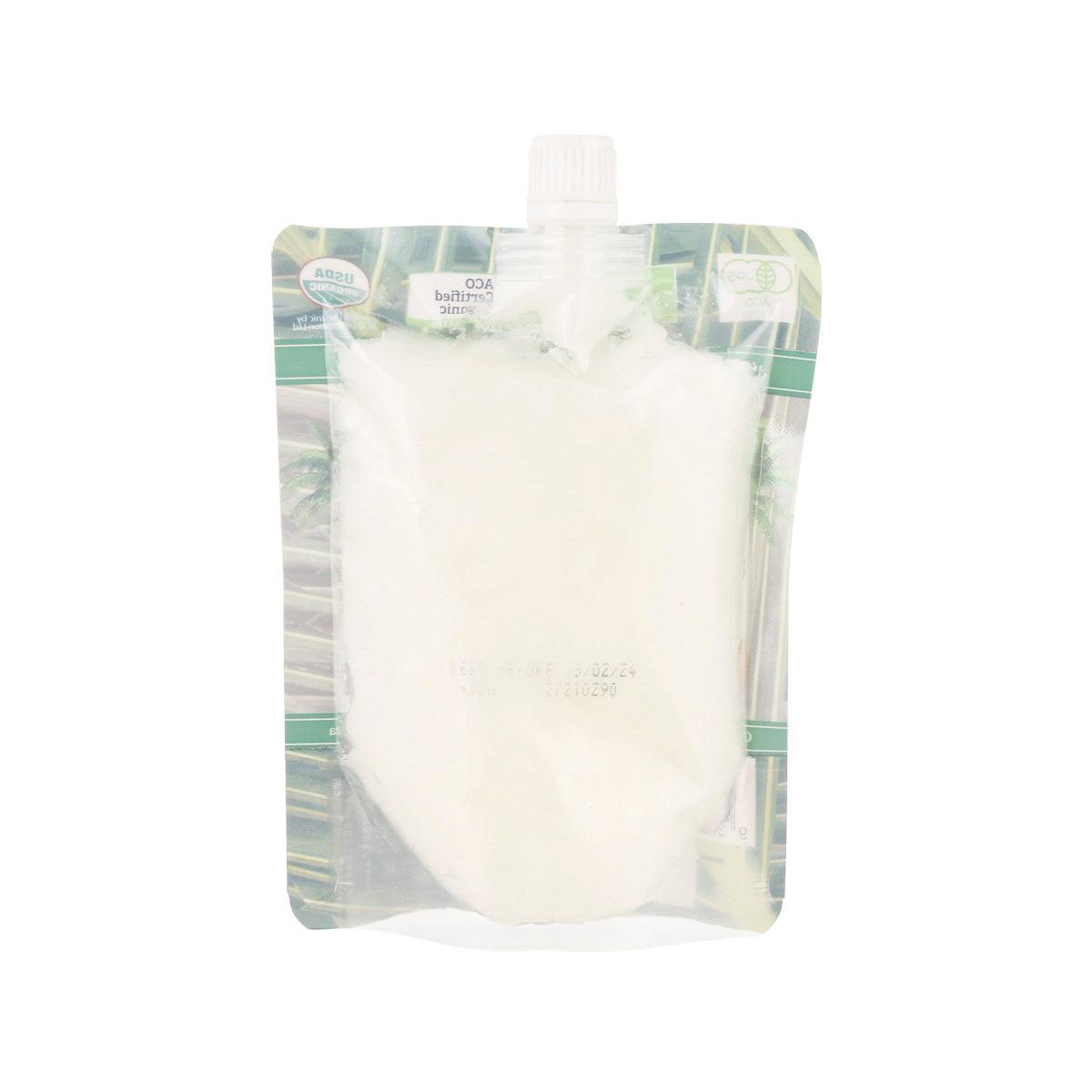 Virgin coconut oil pouch back view with spout cap, 300 mL
