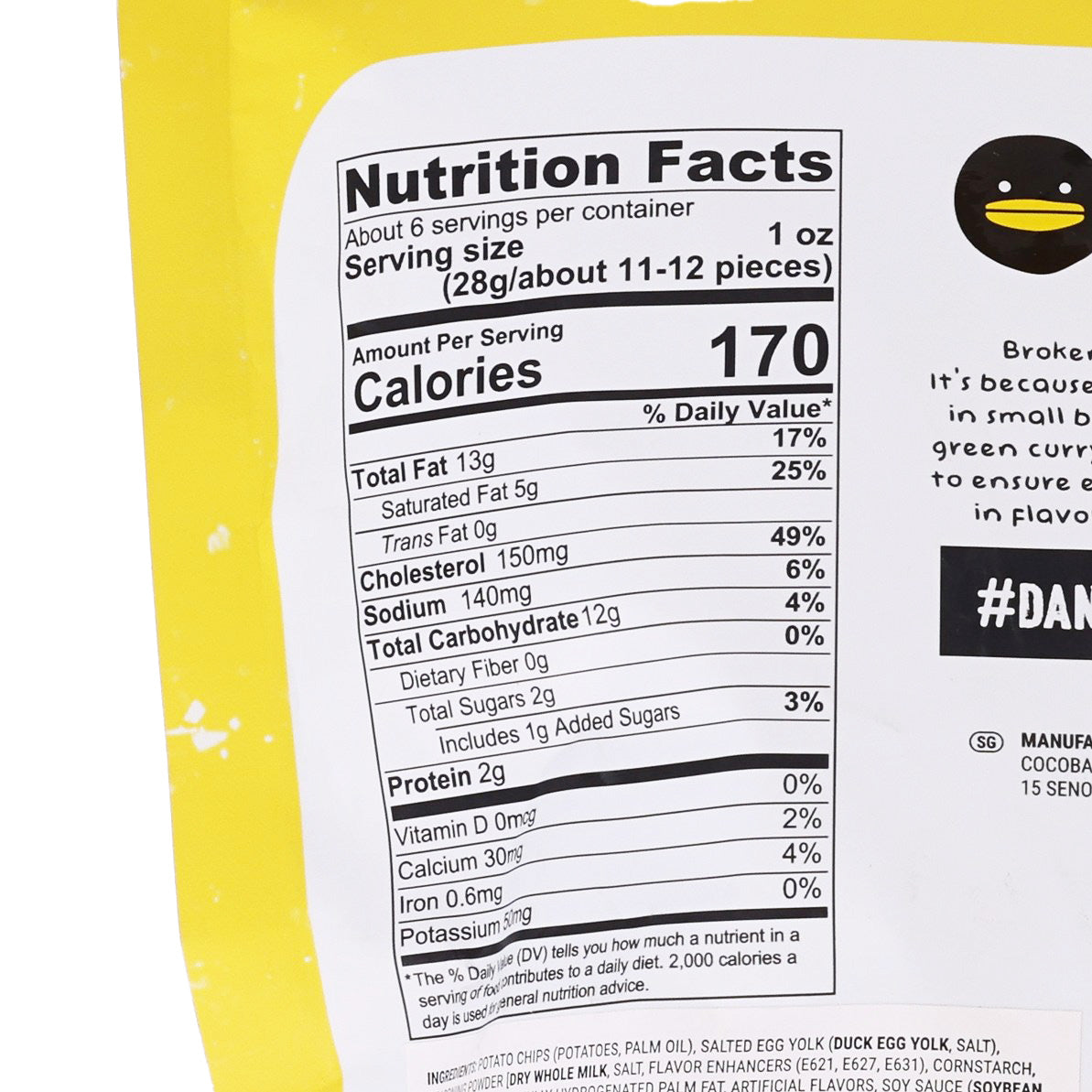 Nutrition Facts label on potato chips bag showing serving size and calories