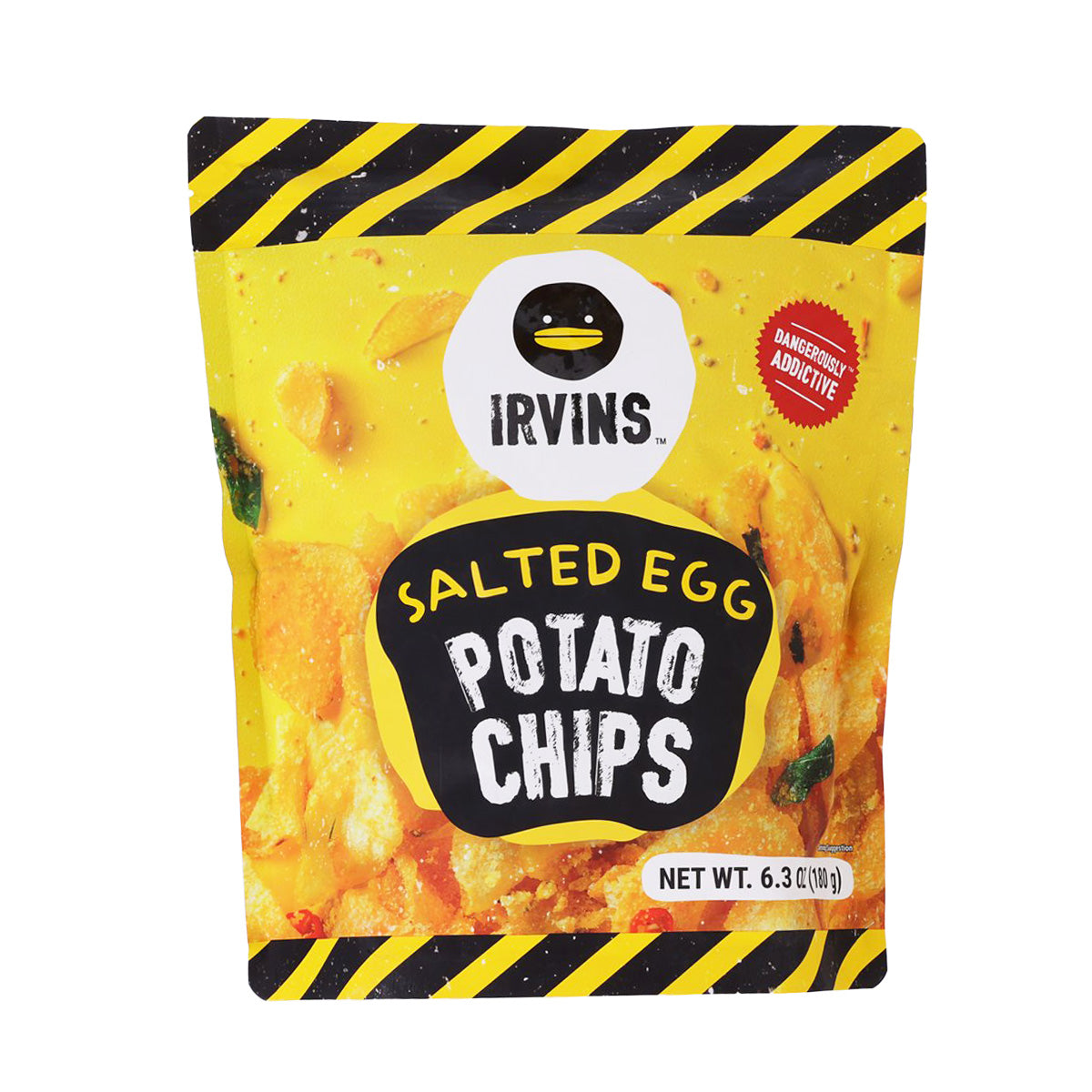 IRVINS salted egg potato chips bag, yellow front with bold 'Salted Egg Potato Chips' label