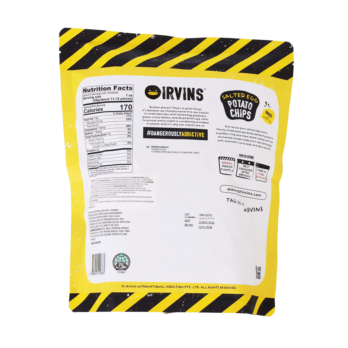 IRVINS potato chips bag back with nutrition panel and ingredient info