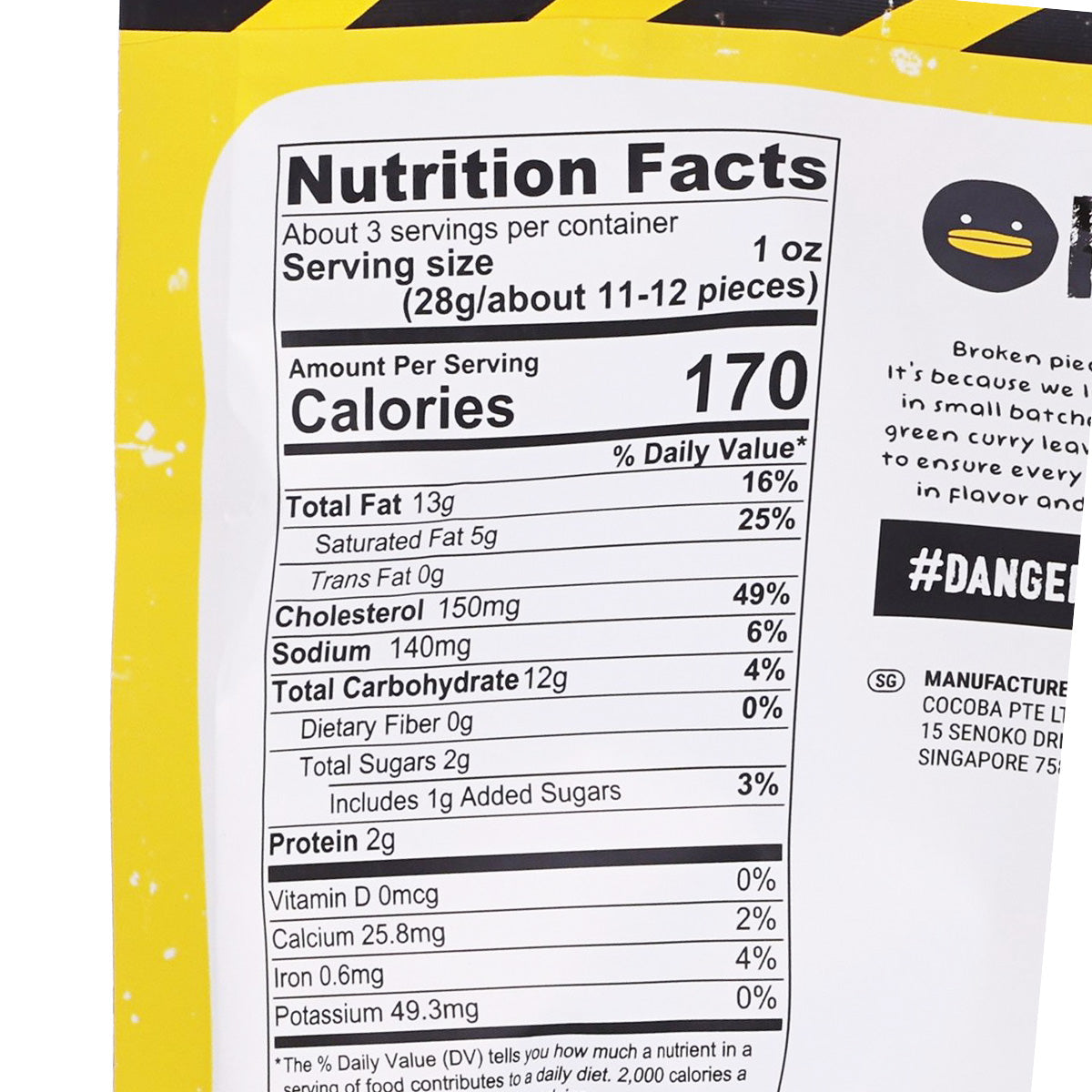 IRVINS salted egg potato chips nutrition facts panel with calories and serving size